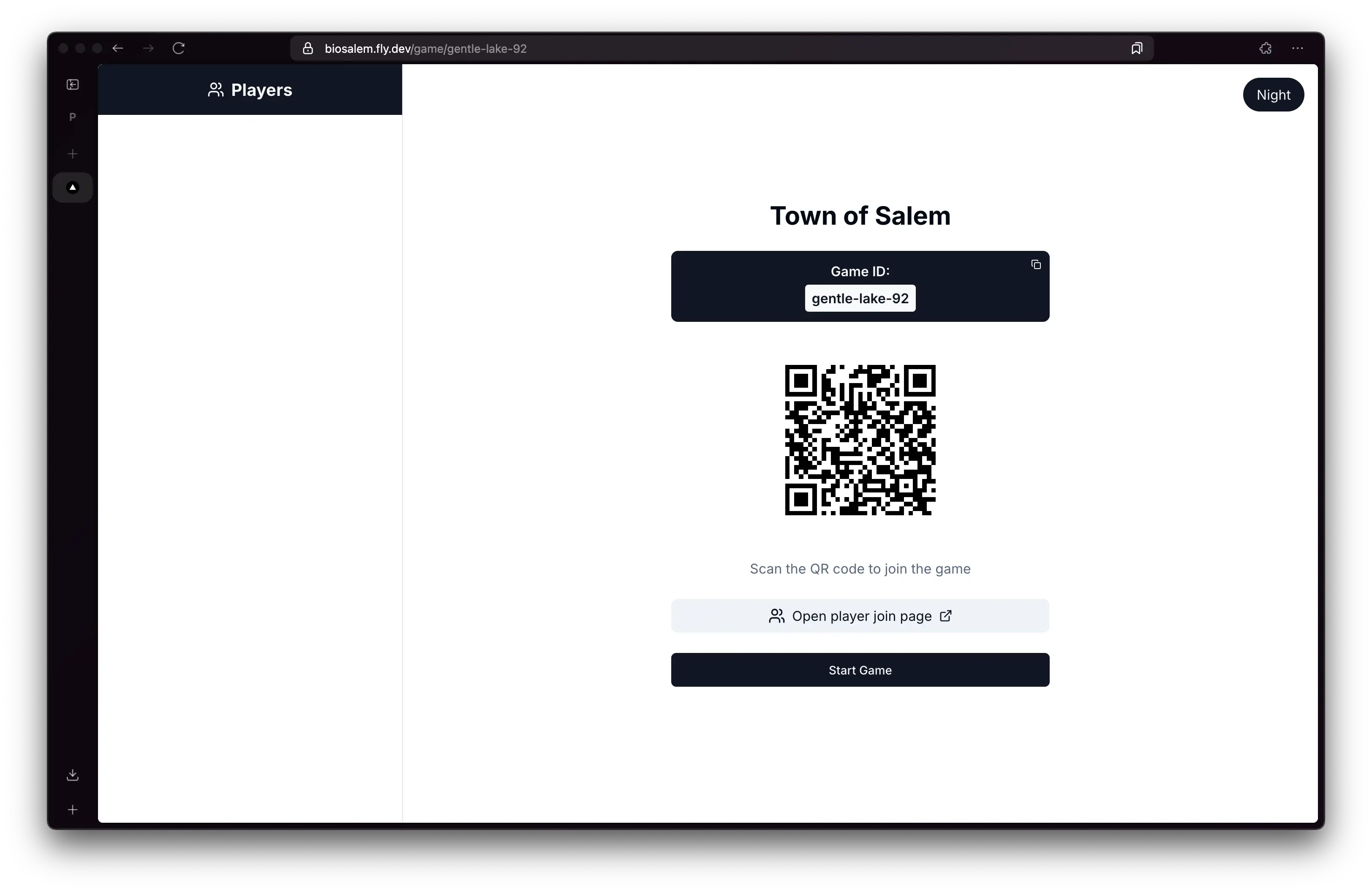 Visual representation for tip: Game lobby with QR code for players to join the session