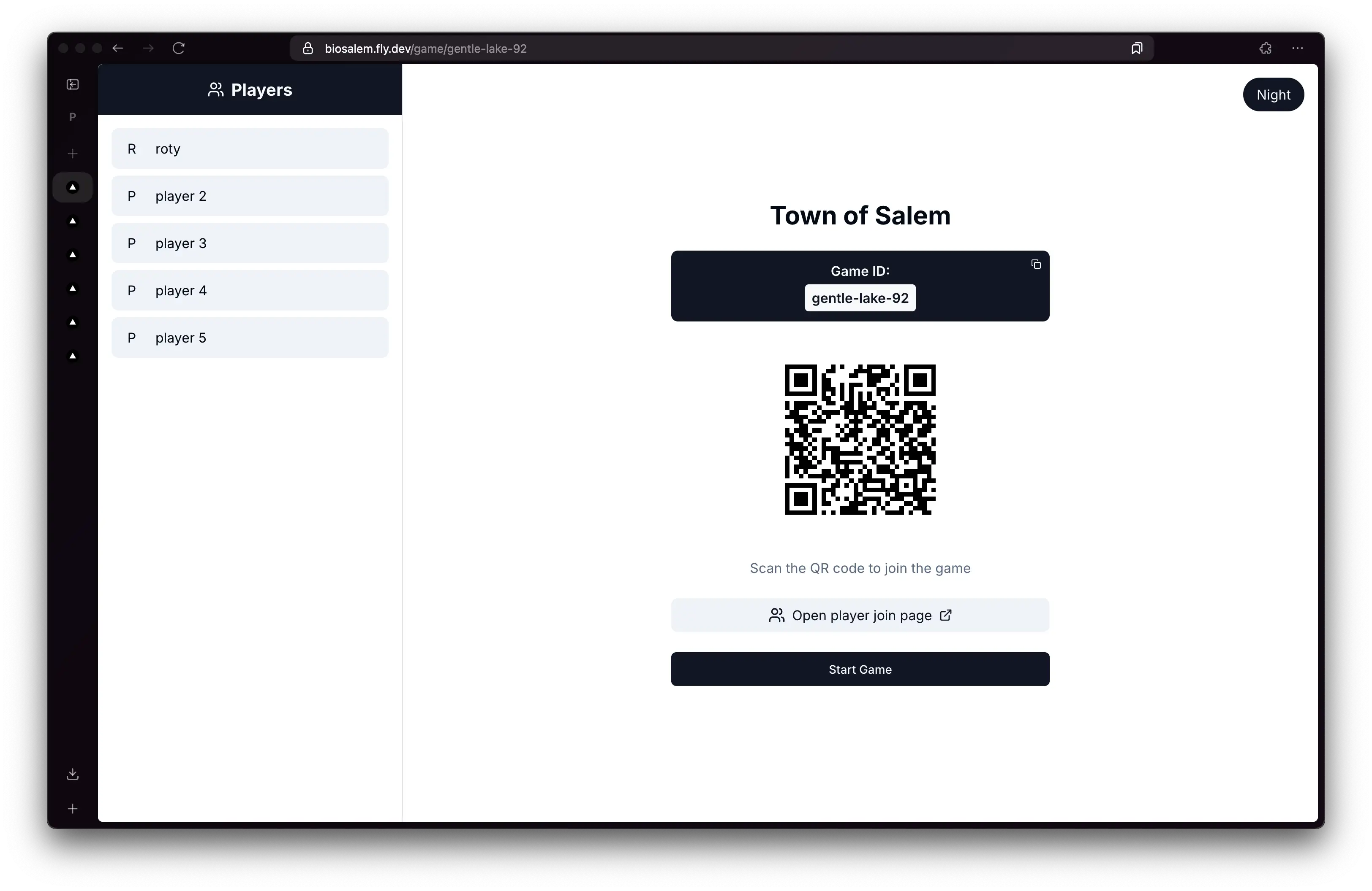 Visual representation for tip: Game lobby with QR code for players to join the session (showing players in left pane)